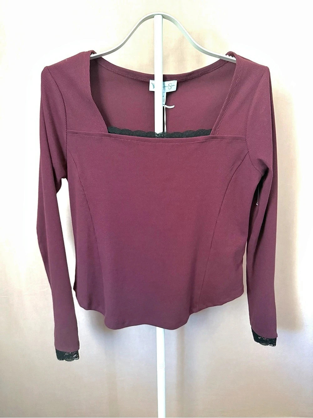 Jessica Simpson Aleera Ribbed Knit Top with Lace Trim Lace Trim Top Purple